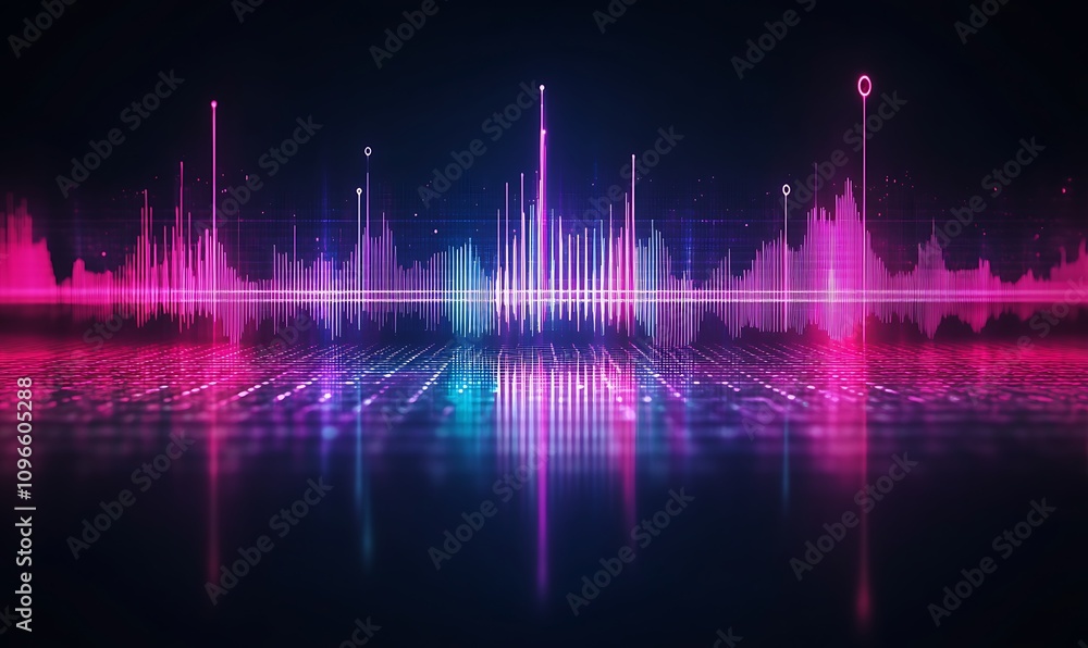 Poster abstract audio visualization with vibrant colors and sound wave patterns reflecting on a surface.