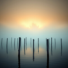 Early morning mist around wooden poles in secluded lake with distant vessel, serene, mist, boat, wooden poles