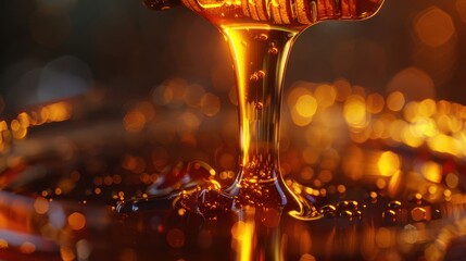 Golden honey pouring into a bowl, close-up, with bokeh background.