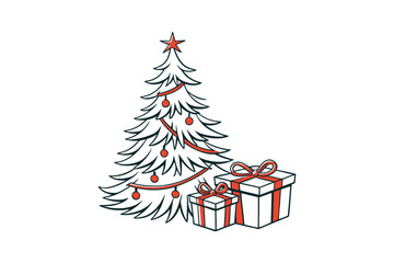 Christmas tree with gift box decoration vector art illustration white background