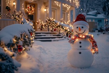 Obraz premium snowman is standing in front of American mansion decorated with colorful lights garlands and ornaments, surrounded by a white, snow-covered ground