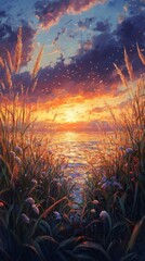 Fototapeta premium Sunset Meadow by the Sea: A Vibrant Coastal Landscape Painting