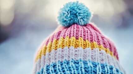 A colorful knitted hat with a pom-pom, ideal for winter warmth and style.