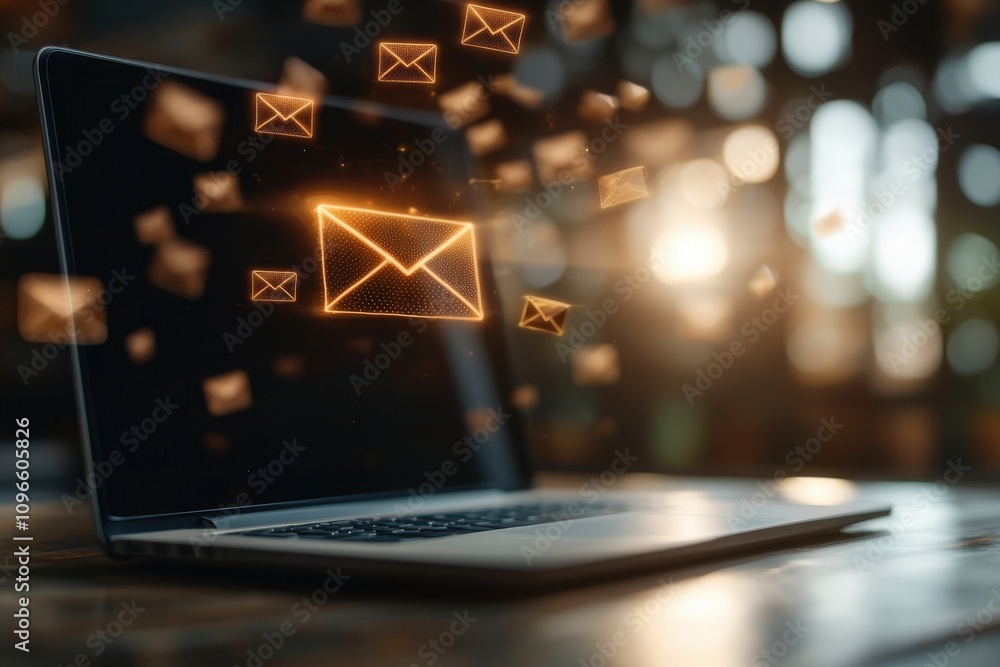 Poster conceptual email icon hovering above laptop screen with glowing effects in a modern workspace, symbo