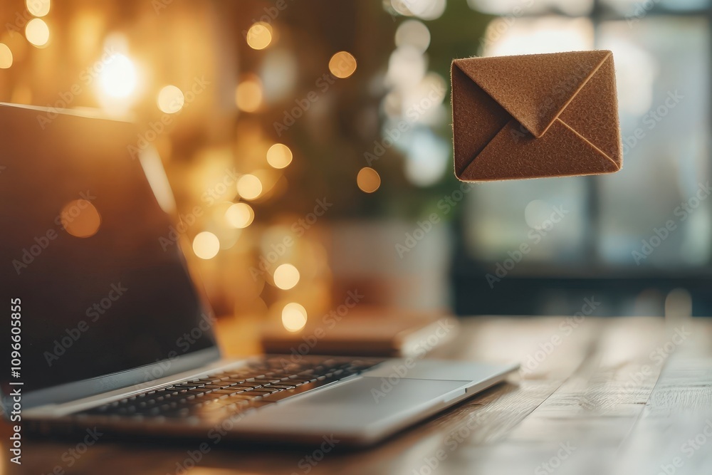 Poster modern 3d email icon floating above a laptop with blurred bokeh background in a cozy workspace setti