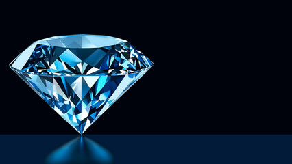 Breathtaking, brilliantly blue diamond with mesmerizing depth & clarity, showcasing the beauty & complexity of this gemstone; against a dark blue background, with ample space for text.