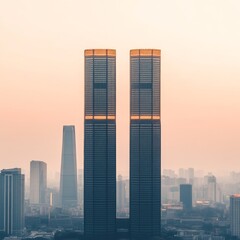 Obraz premium Twin skyscrapers at sunrise, city skyline.