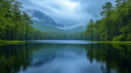 Fototapeta premium Serene Mountain Lake Scenery with Misty Morning Reflections