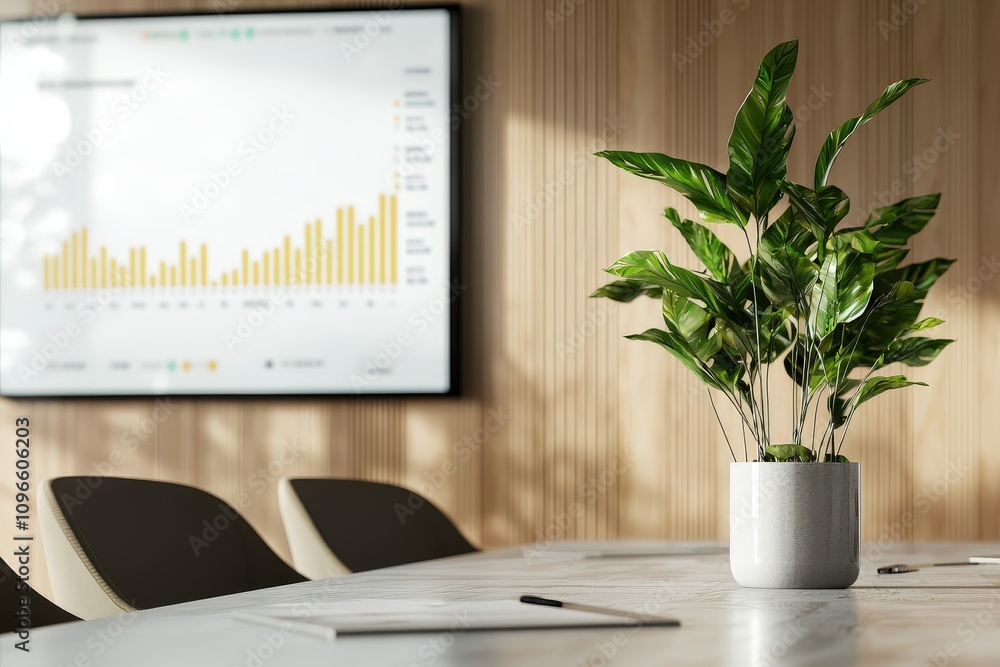 Poster modern meeting space with digital screen displaying community interaction data and lush greenery enh