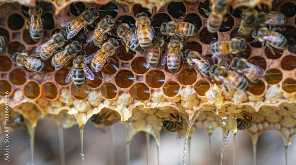 Poster close-up of honey dripping from a honeycomb with bees crawling on it.