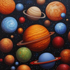 Vibrant painting of numerous planets in space, varying in size and color, showcasing unique textures and rings.