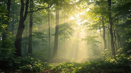 Obraz premium Forest glade with sunlight filtering through trees on a misty morning, woods, forest, canopy