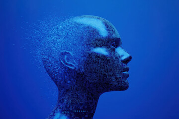 Futuristic AI and Technology Concept Abstract Digital Human Head with Disintegrating Pixels and Binary Code