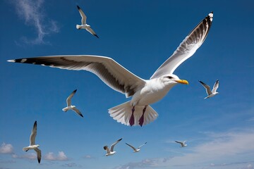Obraz premium Graceful Seagulls Glide Effortlessly Across the Azure Sky