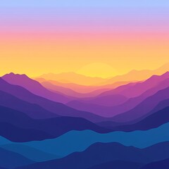 Vibrant sunset over layered purple, blue mountains.