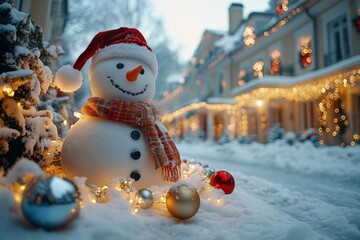 Obraz premium snowman is standing in front of American mansion decorated with colorful lights garlands and ornaments, surrounded by a white, snow-covered ground