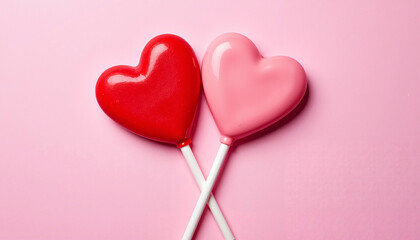 Fototapeta premium Two heart-shaped lollipops in red and pink on a pink background
