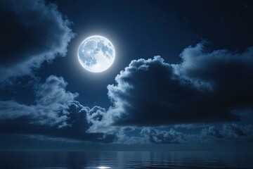 Fototapeta premium Serene Moonlit Cloudscape with Bright Nocturnal Reflections and Calm Atmosphere