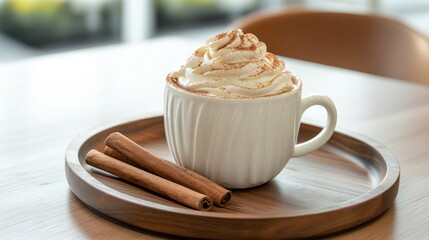 A cozy cup of whipped cream-topped drink with cinnamon sticks on a wooden tray.