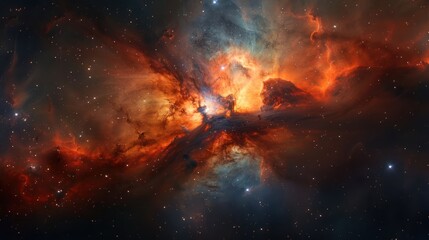 A vibrant nebula with swirling clouds of gas and dust, illuminated by stars, in a deep space cosmic landscape.