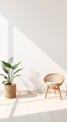 Minimalist living room with a plant, chair, and white wall.