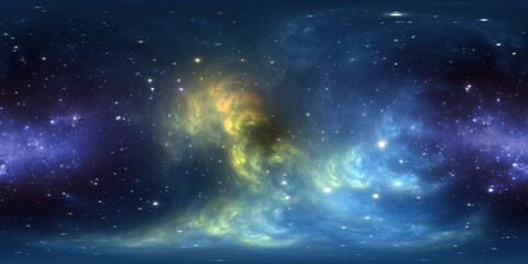 Fototapeta premium 360 degree space nebula. Giant interstellar cloud with stars, equirectangular projection, environment map. Spherical panorama