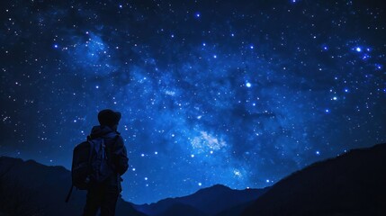 Obraz premium A lone hiker stands silhouetted against the breathtaking backdrop of the Milky Way galaxy, a celestial tapestry of stars illuminating the night sky.