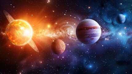 A vibrant and colorful illustration of a solar system with a bright sun, multiple planets, and a swirling nebula in the background.