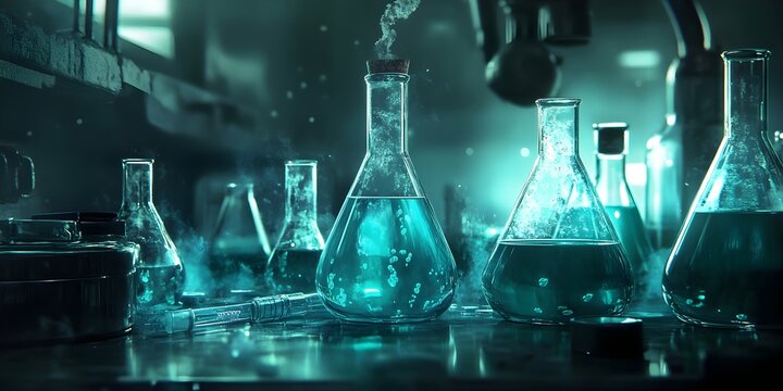 Ethereal teal liquid bubbles in glass flasks.  A mysterious science lab scene.