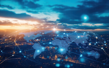 Connectivity and Technology. Digital Global Network with Connected Points Overlaying a World Map at Sunrise