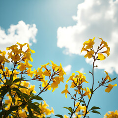 Illuminated yellow tabebuia flowers with a blue sky in the background, backlit, bright yellow blooms, summer day, daylight