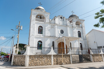 Flores Island Cathedral Exterior Architecture in Guatemala.