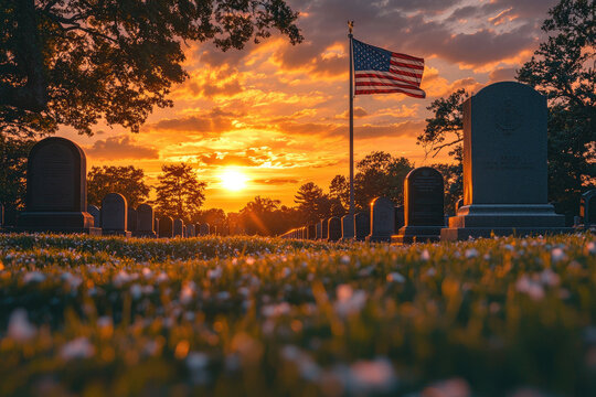 serene sunset over cemetery with American flag waving gently in Memorial Day