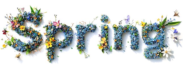 Spring" Word Art Made of Colorful Nature Elements on White Background, Photorealistic Photography Style, Celebrating the Beauty of Spring.