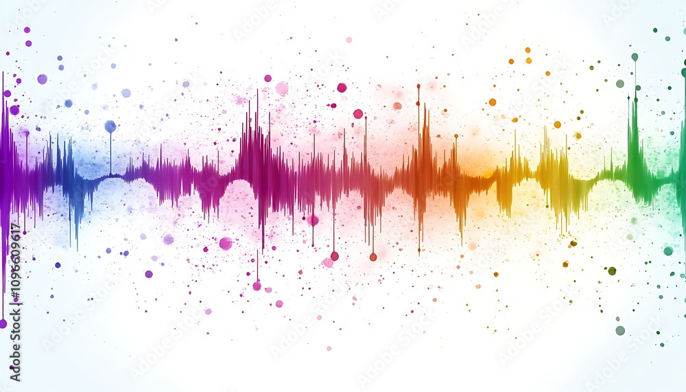 Poster abstract sound wave graphic with vibrant colors and splashes, representing audio visualization.