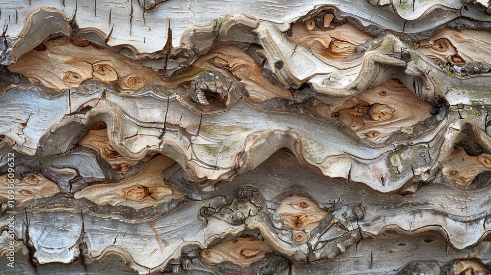 Poster close-up of a tree bark with a unique wavy pattern and textured surface.