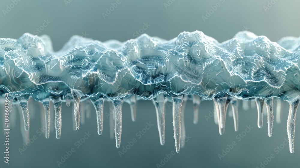 Poster abstract close-up of icicles hanging from a frozen surface, creating a textured and icy background.