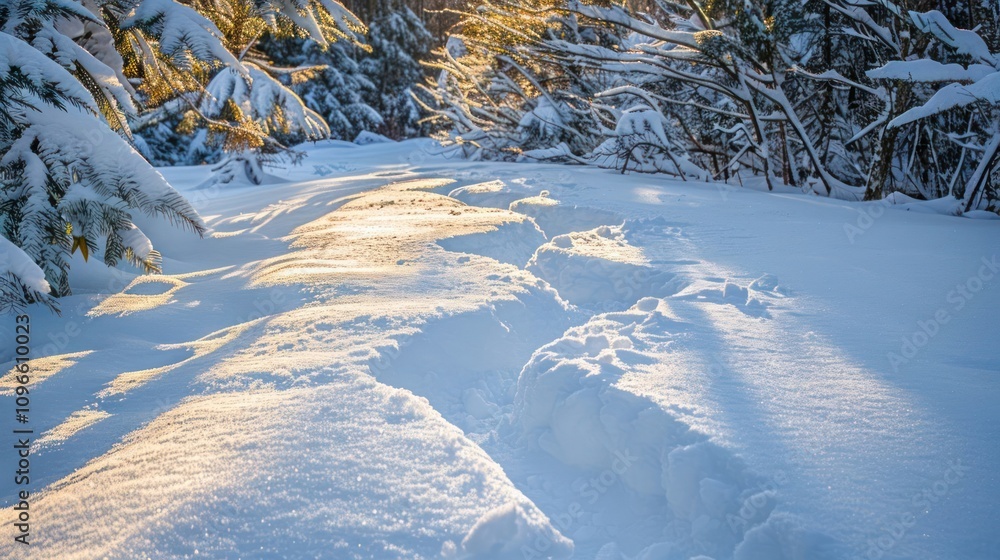 Poster a snowy path through a forest with sunlight shining through the trees.