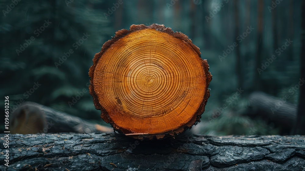 Poster close-up of a tree stump with visible rings in a forest setting.