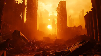 Obraz premium A hauntingly beautiful depiction of a futuristic, post-apocalyptic city ruins bathed in orange light and covered in debris.