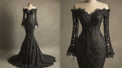 Obraz premium Elegant black lace gown with off-shoulder design and a flowing train.
