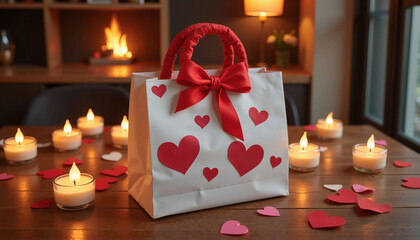 Romantic gift bag with red hearts and candles in cozy indoor setting with warm glow