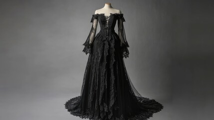 Fototapeta premium Elegant black lace gown with off-shoulder sleeves and a flowing train.
