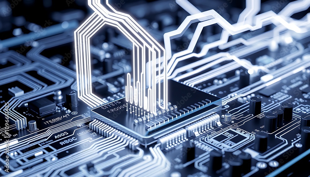 Poster advanced technology visualization: neon data flowing from cpu to motherboard