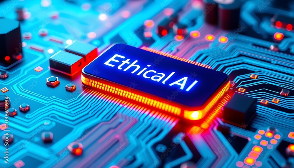 Aufkleber futuristic neon circuit board with ethical ai text: morality in ai development