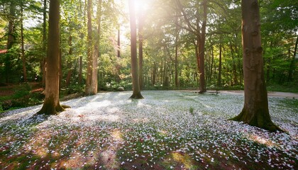 幻想的な森の中、紙吹雪が舞う風景