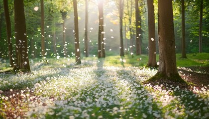 幻想的な森の中、紙吹雪が舞う風景