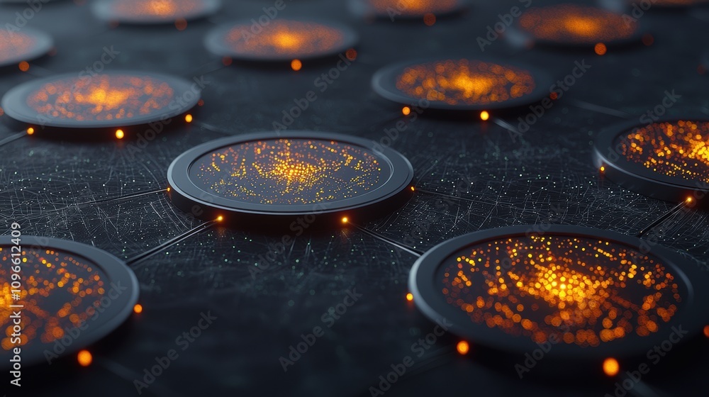 Poster interacting circular patterns with glowing effects on dark background surface