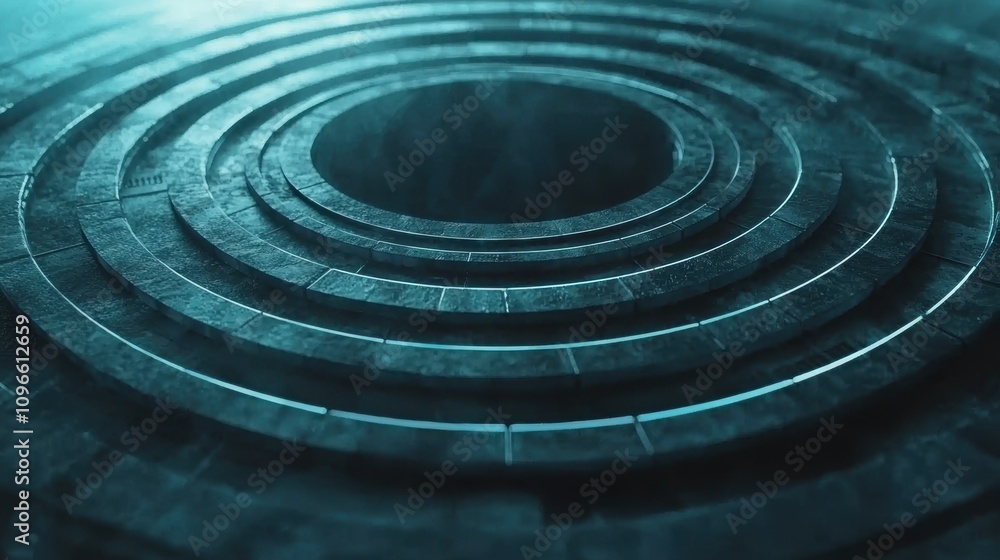 Poster futuristic illuminated circle design with layered patterns and depth effects