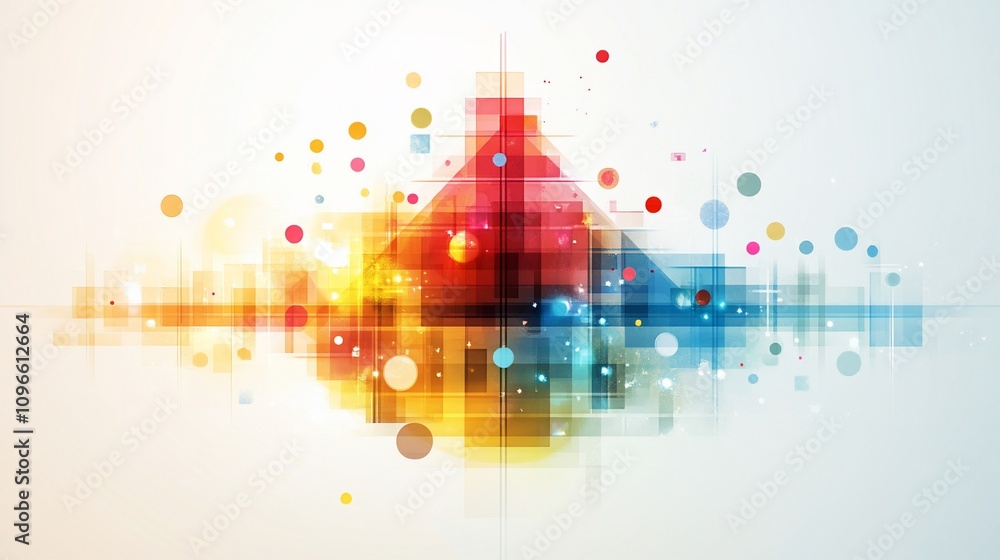 Wall mural abstract colorful geometric design with glowing particles.